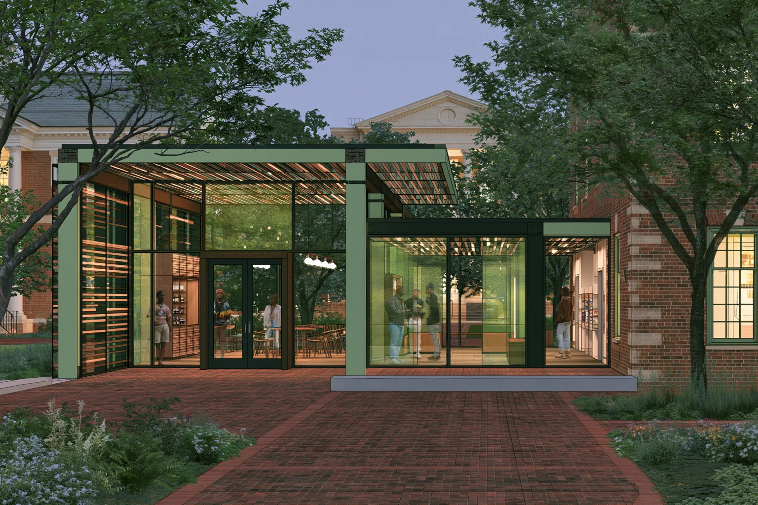 Imagined open pavilion for historically Black and multicultural Greek-letter councils near a traditional house district