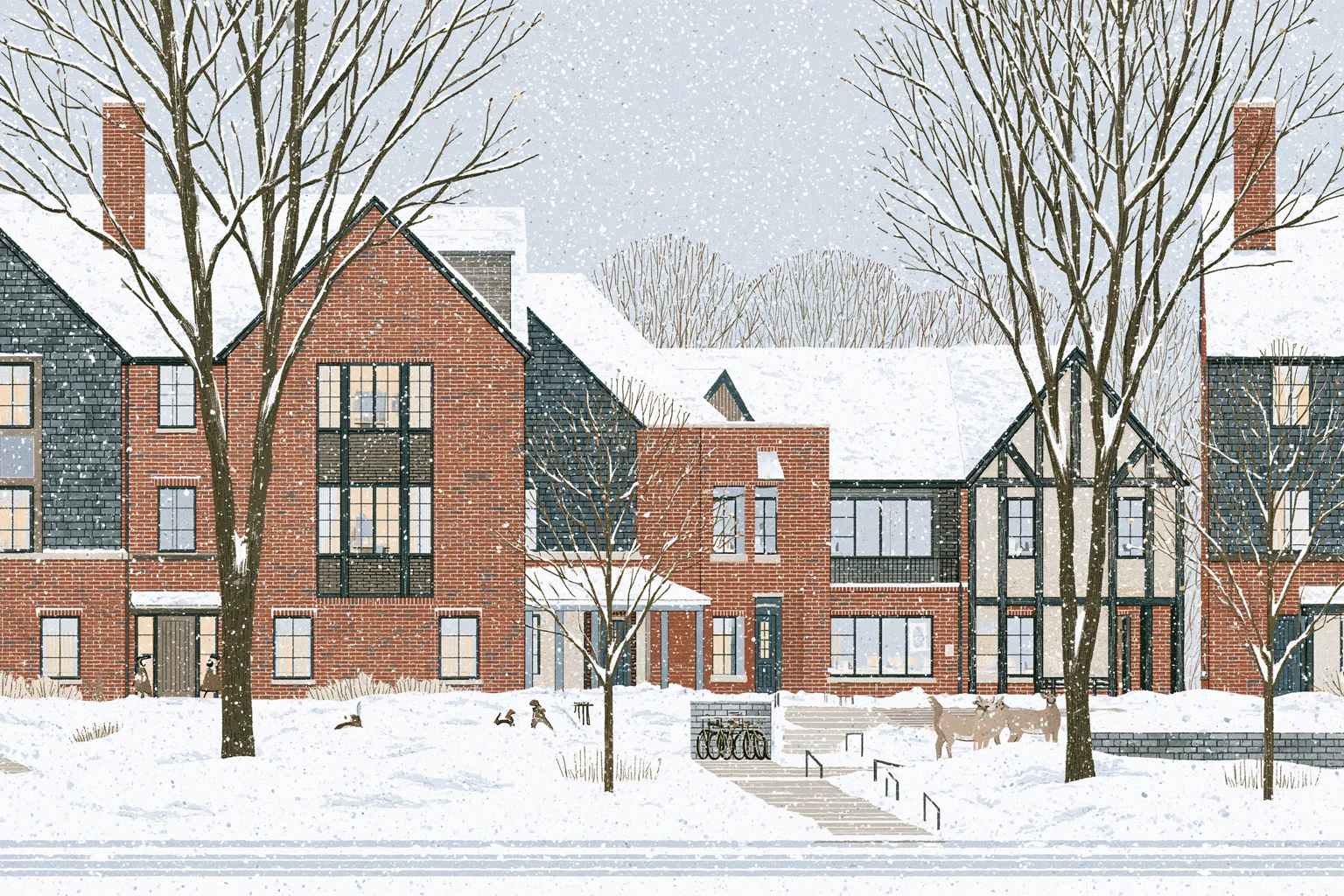 Imagined cold-climate fraternity and sorority district with brick houses, snow, lit vestibules, and a connected pedestrian route