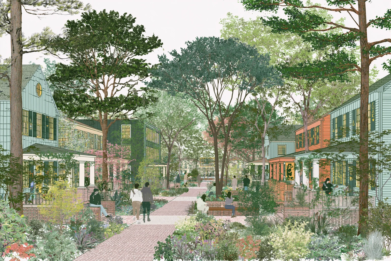 Imagined former Greek row remade as distinct houses around a shared public commons at blue hour