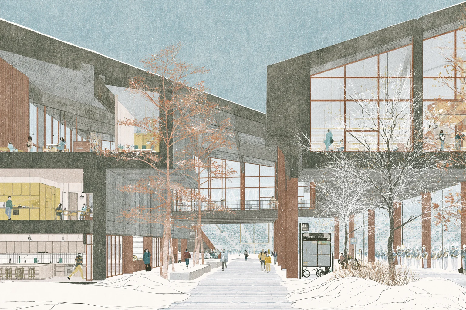 Imagined cold-weather game-day route from a communal kitchen through a heated vestibule to a snowy stadium walk