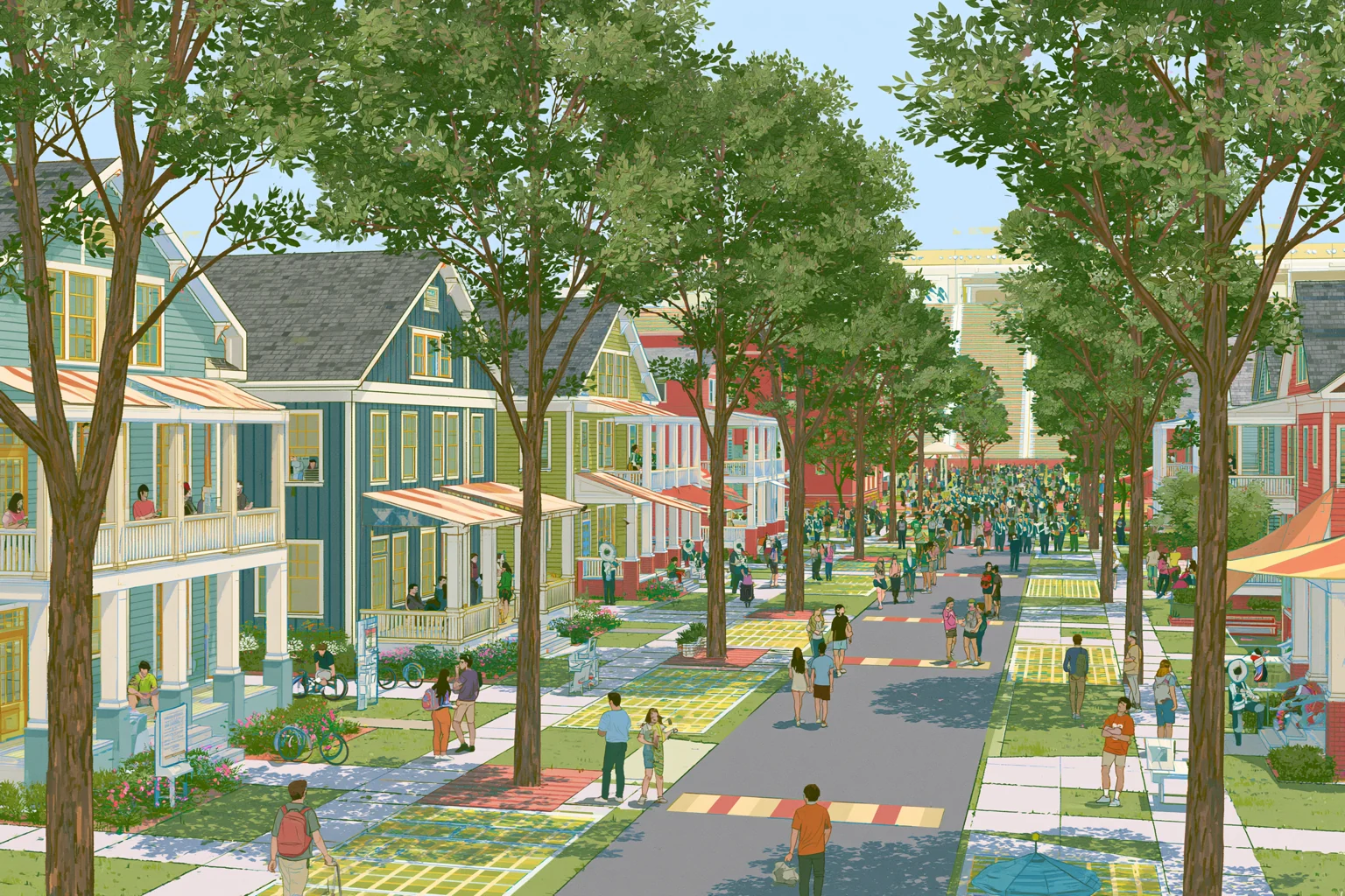 Imagined warm-weather game-day procession moving from shaded porches toward distant stadium light