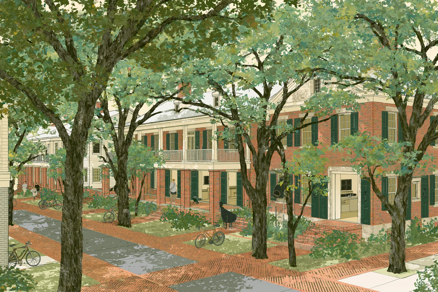 Imagined warm-climate sorority row with deep porches, large shade trees, bicycles, and open front rooms at dawn