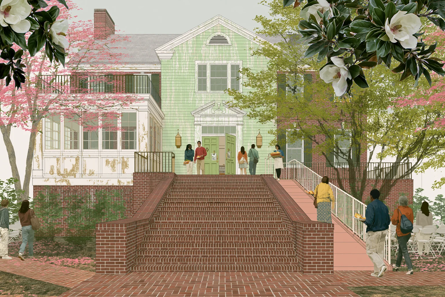 Imagined accessible sorority-house entrance where a ramp and broad steps meet at the same open door