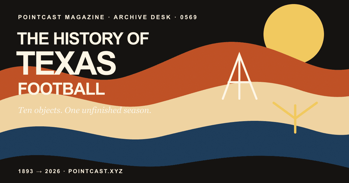 The History of Texas Football title over an original abstract field of burnt-orange, limestone, blue, and black strata