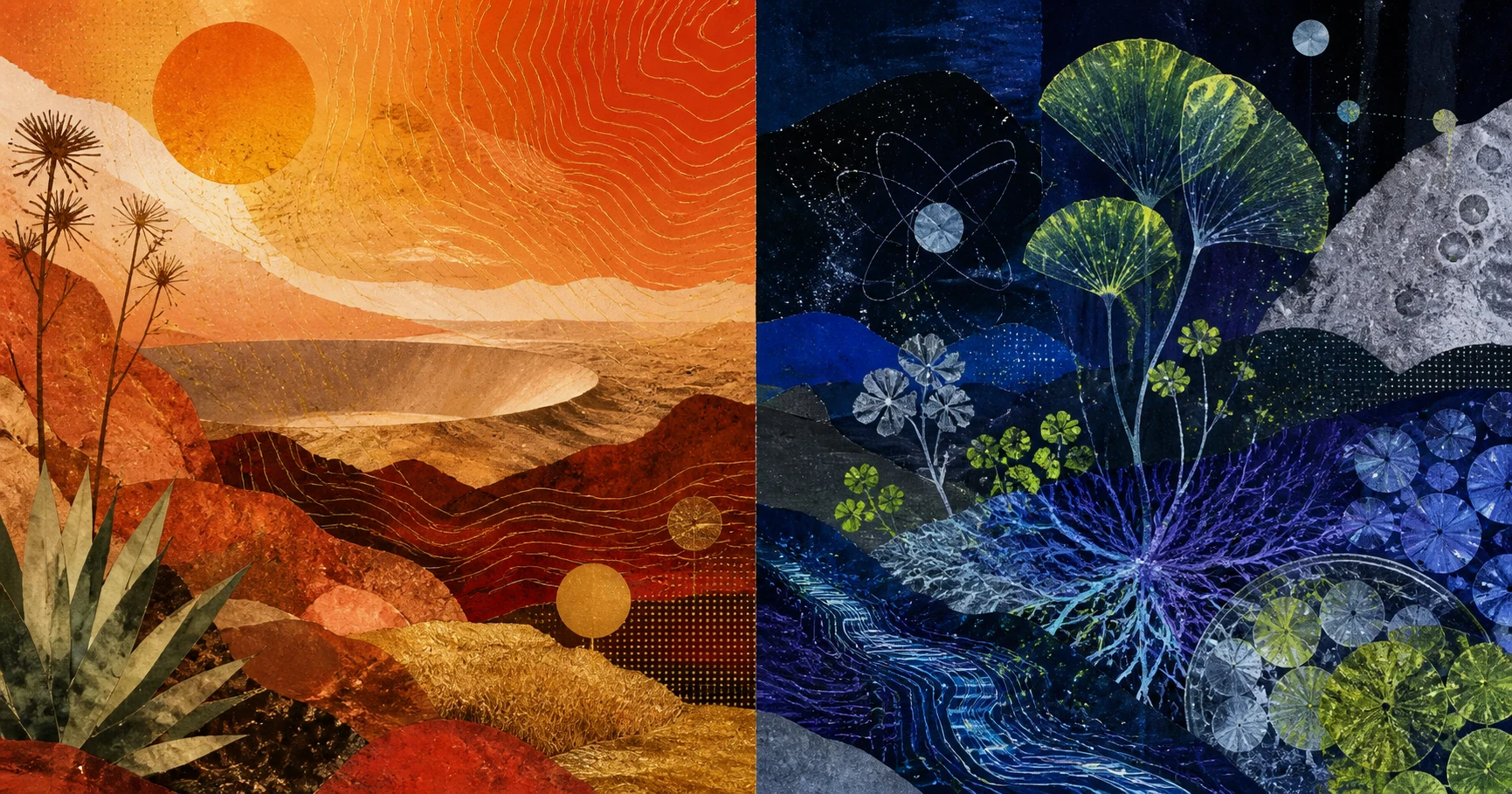 Abstract split landscape moving from orange Western terrain into a midnight research ecology