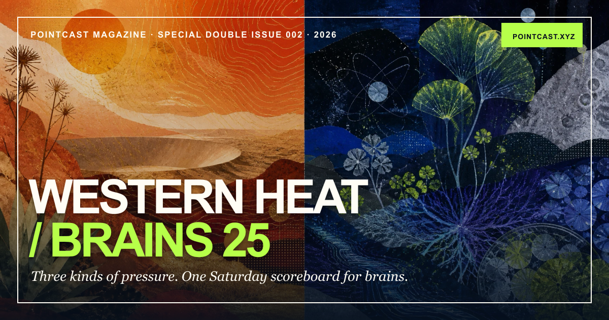 Western Heat and Brains 25 title over an abstract orange Western and midnight research landscape