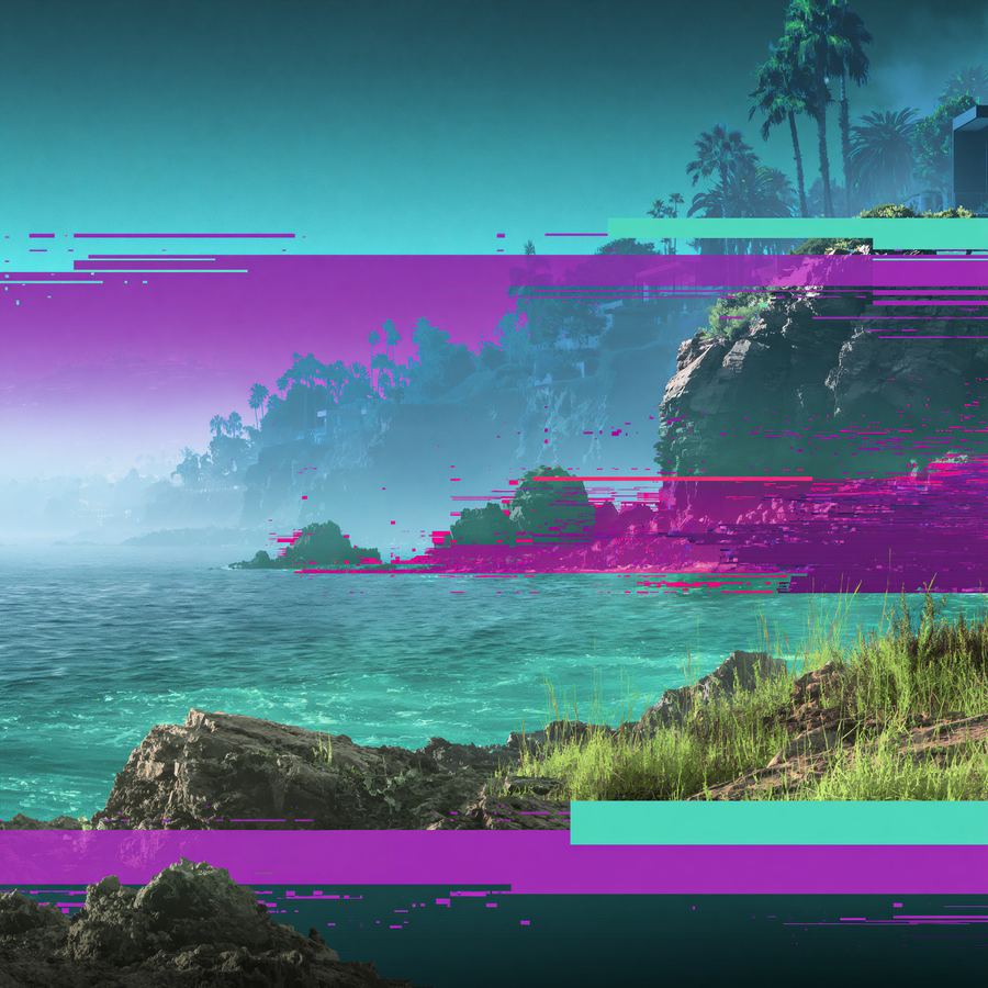 Teal and magenta cliff glitching into night
