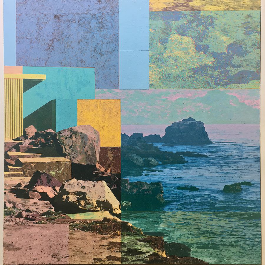 Gold and violet blocks settling on evening rocks