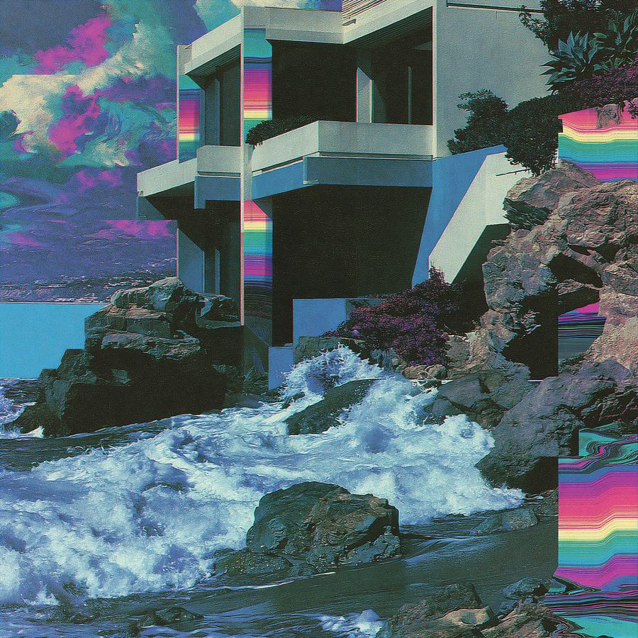 Dark house on the rocks, rainbow static in the windows
