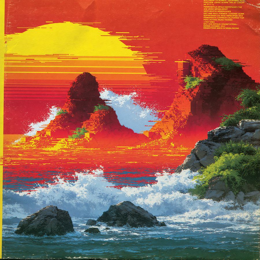 Red blazing wave breaking under a risograph sunrise