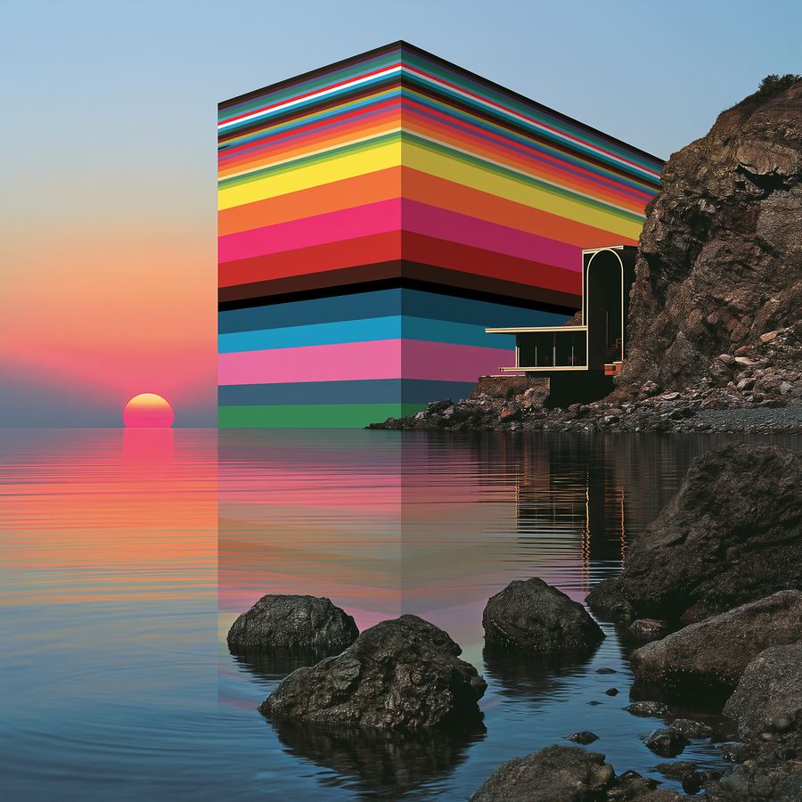 Striped monolith mirrored in a sunset-glass sea