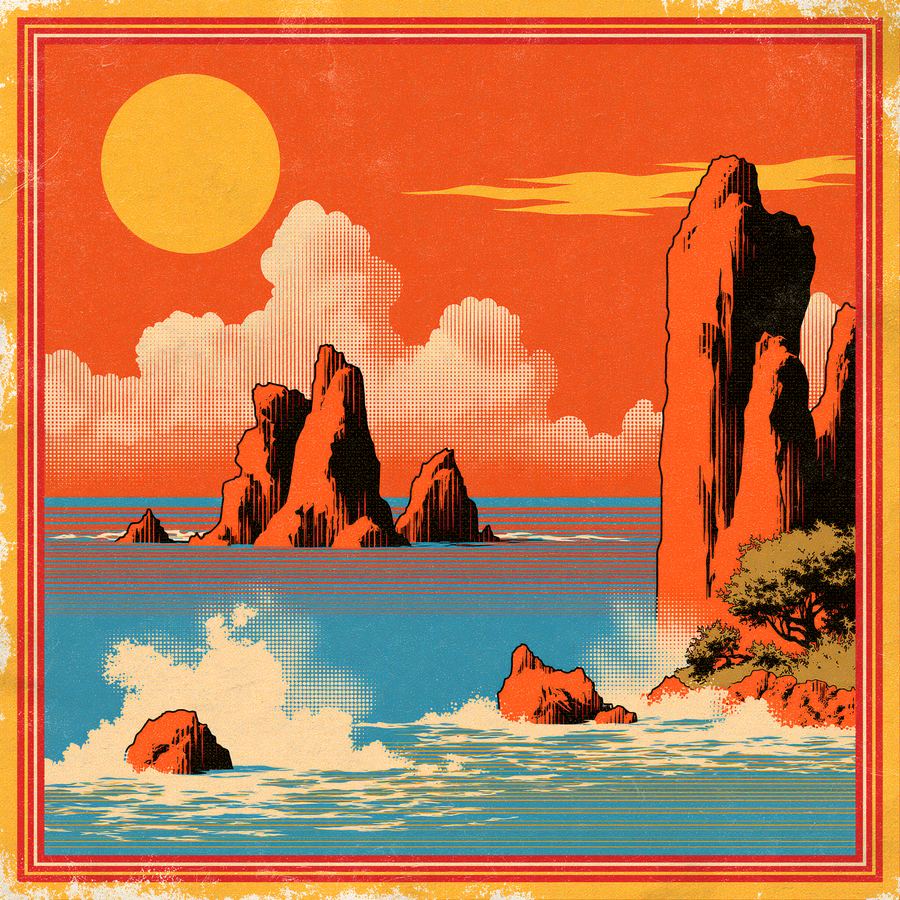 Orange sun and stacked clouds over breaking surf, riso print
