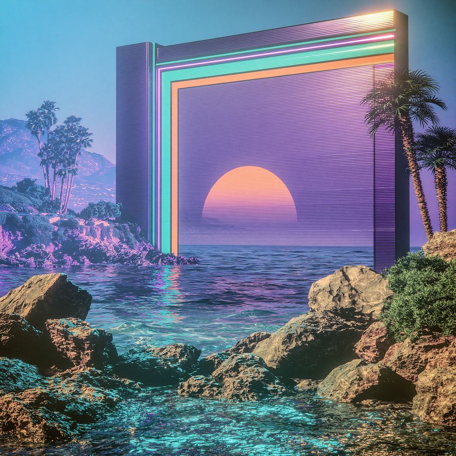 Neon arch sunrise between palm silhouettes