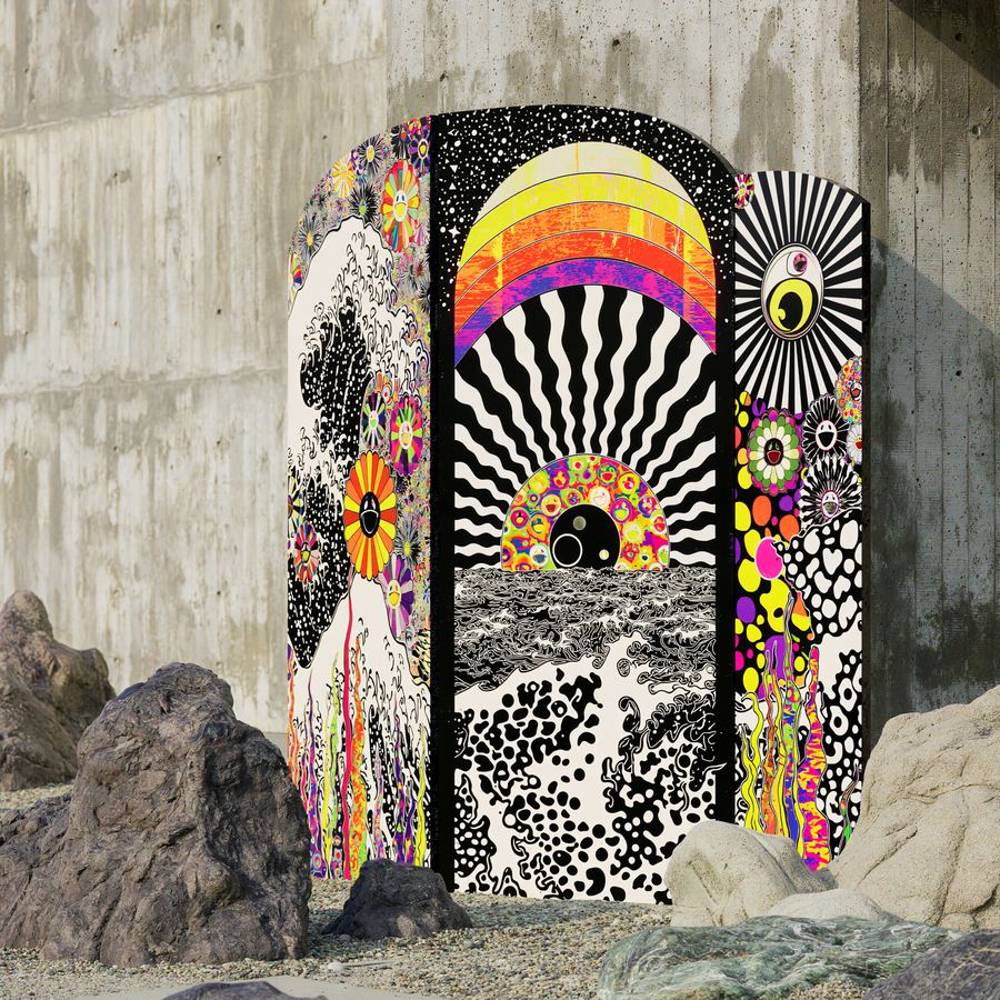 Psychedelic shrine doors standing against a concrete sea wall