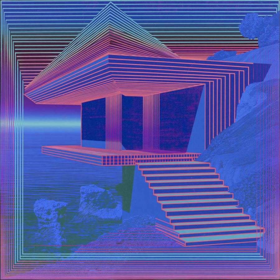 Blue temple stair under a beam of dawn light
