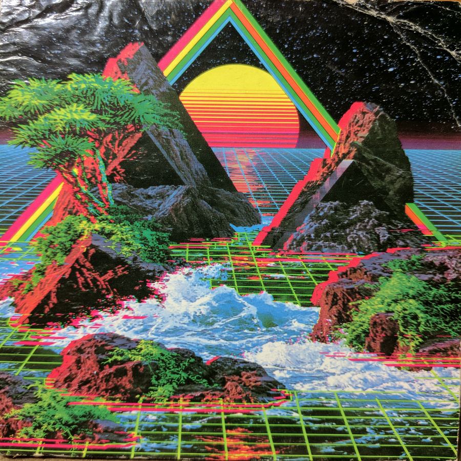 Rainbow arch over a glitching green wireframe tide