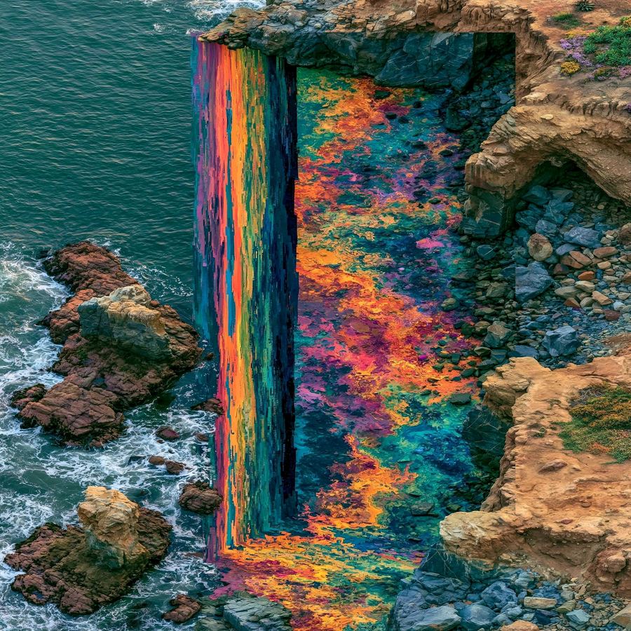 Iridescent doorway opening in wet coastal rock