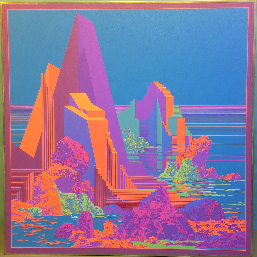 Magenta prism rocks in a pre-dawn dream sea