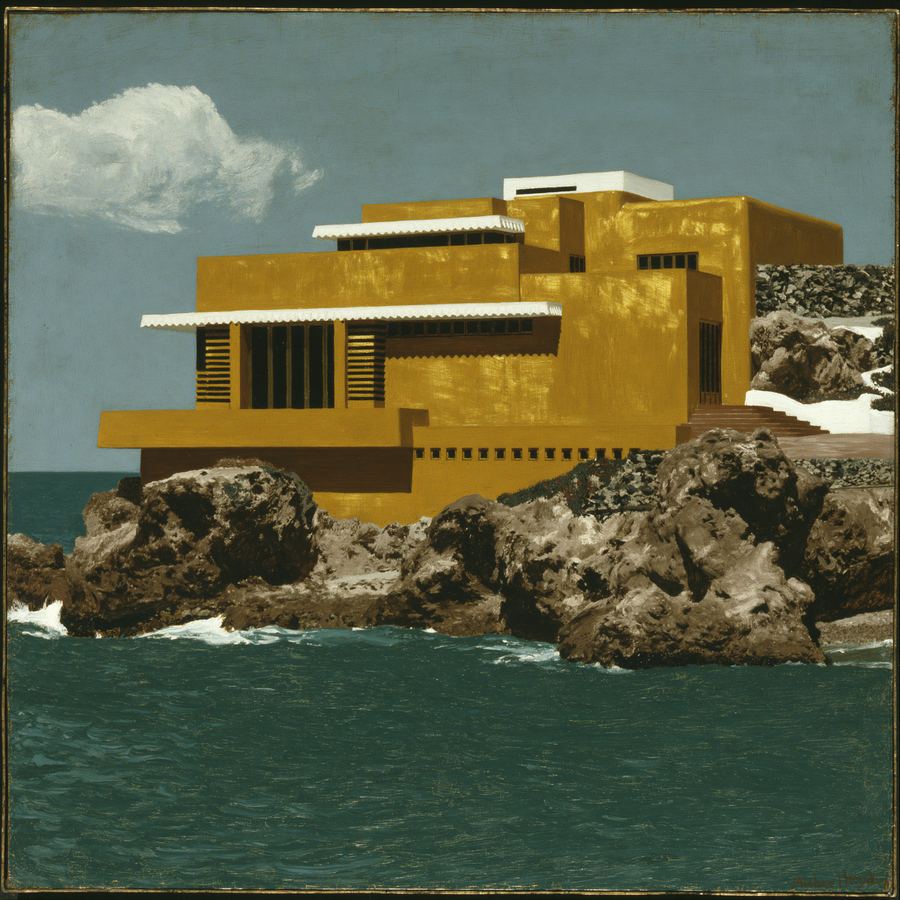 Golden modern house standing on a sea rock in honey light