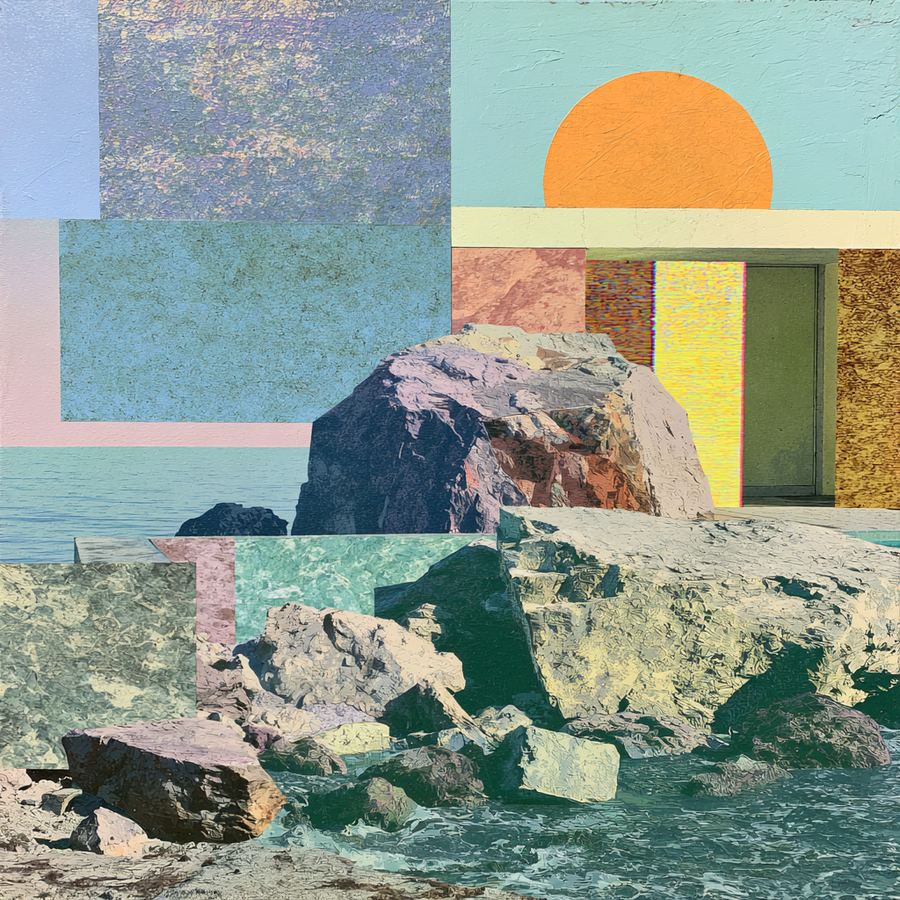 Orange sun disk over a collaged afternoon sea
