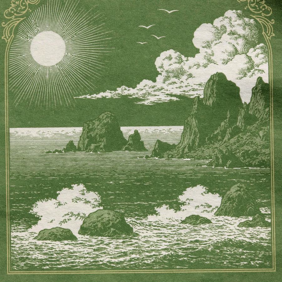 Green etched sun and clouds over engraved surf
