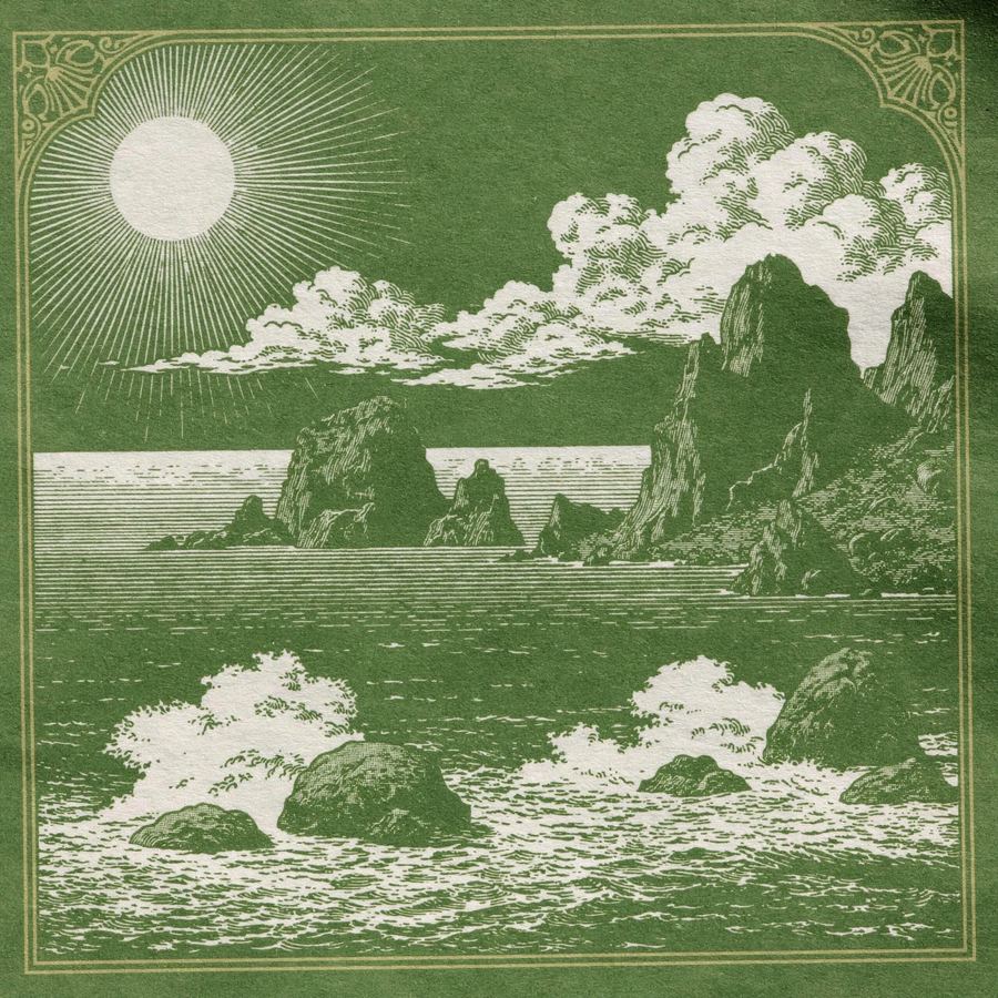 Green etched moon in a hazy engraved morning sky