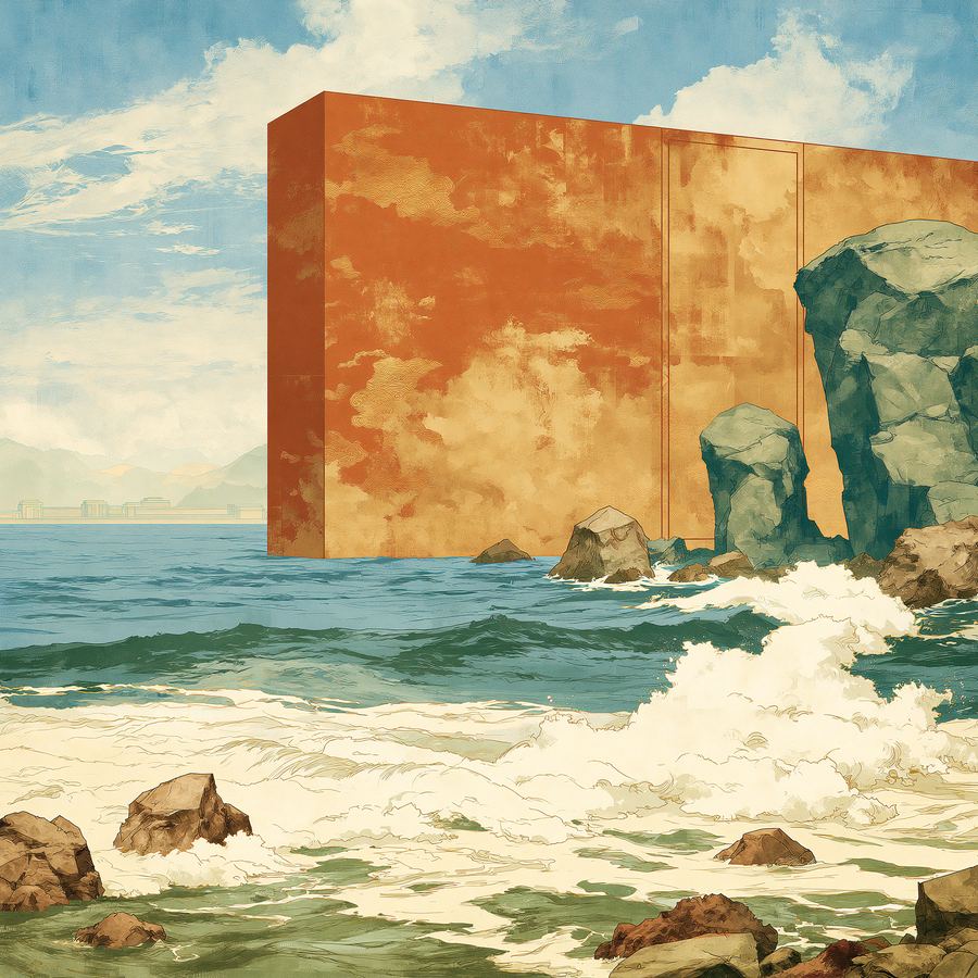 Sepia block resting on a soft etched sea