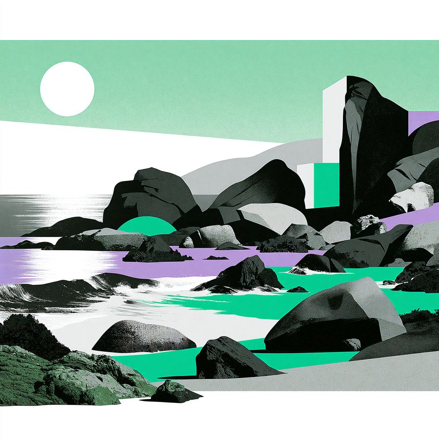 Pale mint rocks in a bleached morning haze