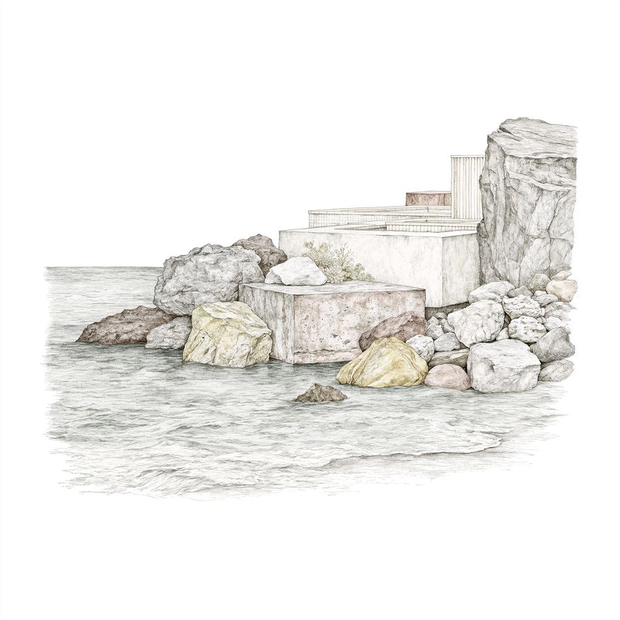 Pencil-sketch sea rocks, unfinished morning