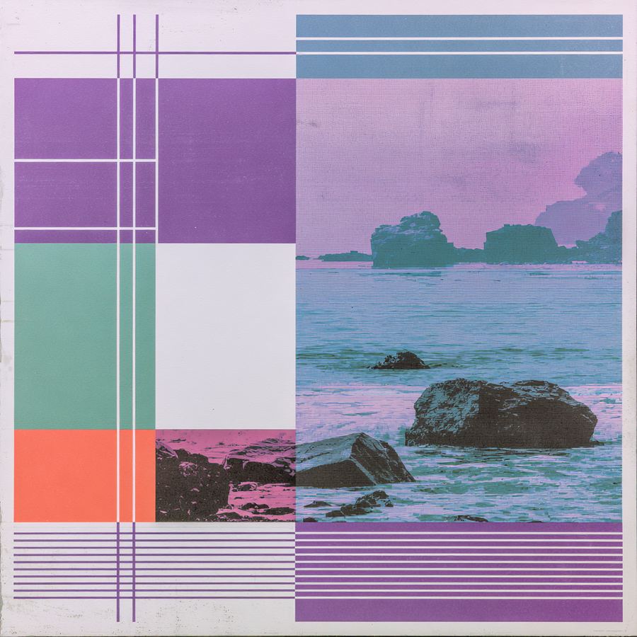 Coral and teal color-block grid over a noon sea
