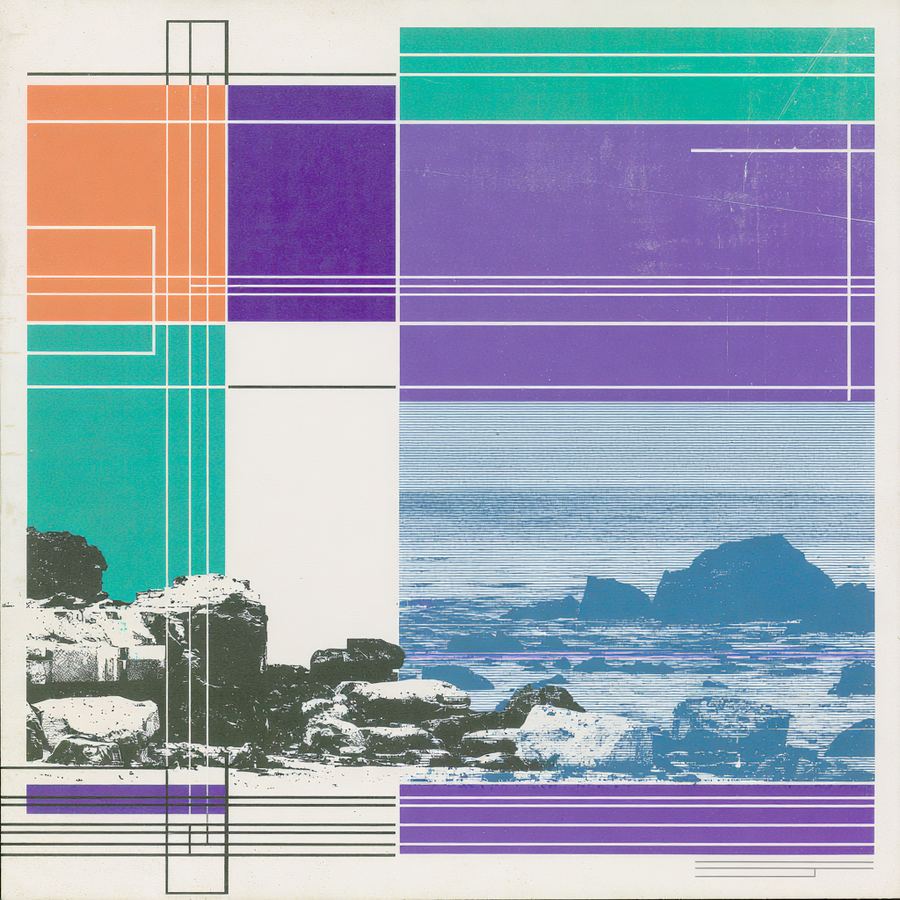 Purple grid panels interleaved with ocean photograph