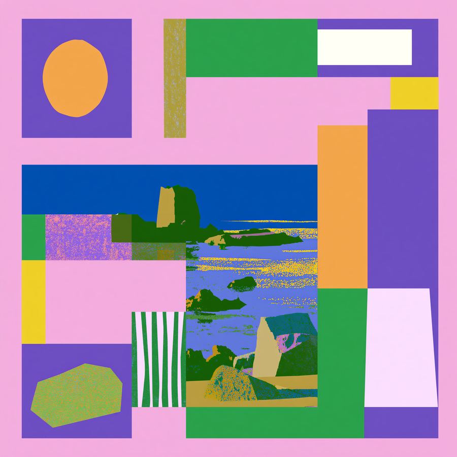 Pixel-icon grid map of a block-built coastline