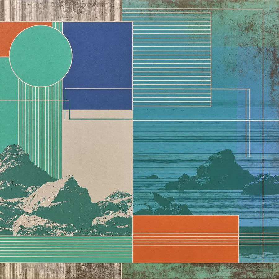 Green disk and stripe grid over midday water