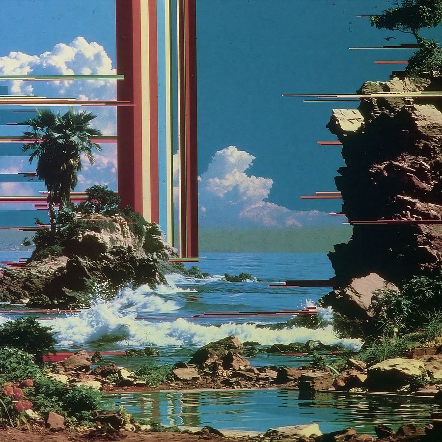 Wave spire breaking against glitched cliff blocks