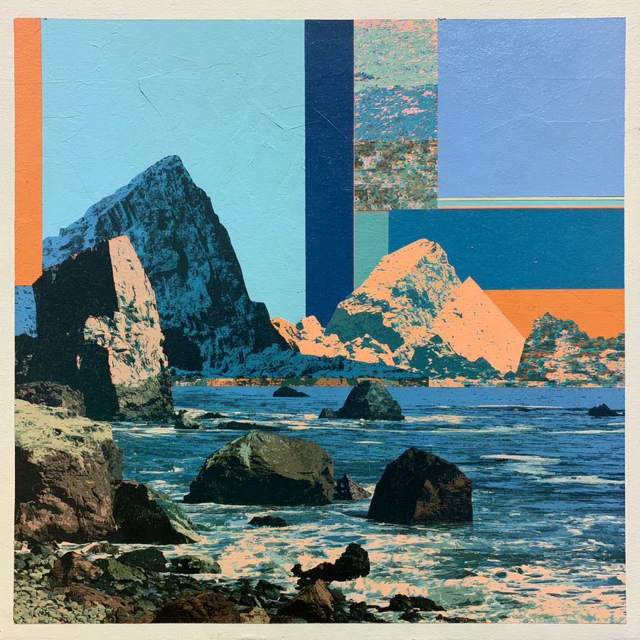 Towering dark sea stacks over white water