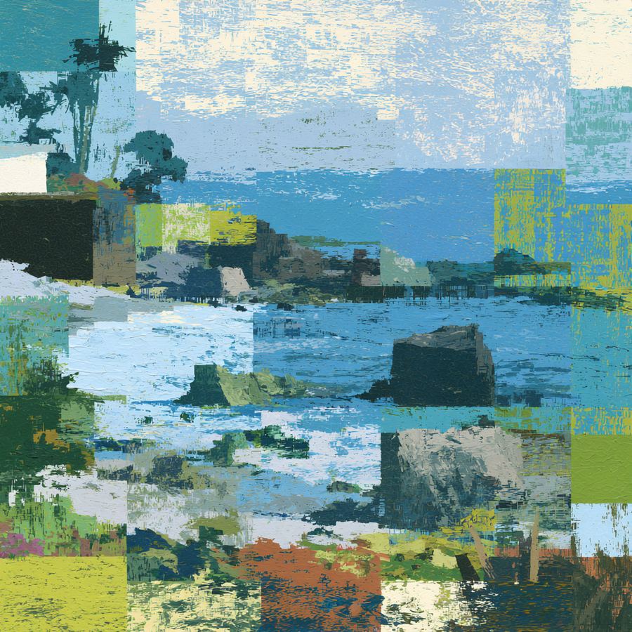 Shoreline dissolving into warm evening static