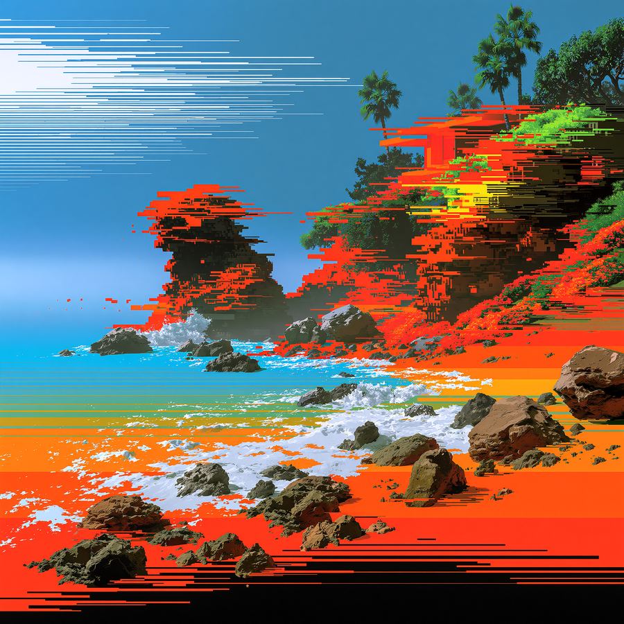 Fire-colored surf breaking under the last light