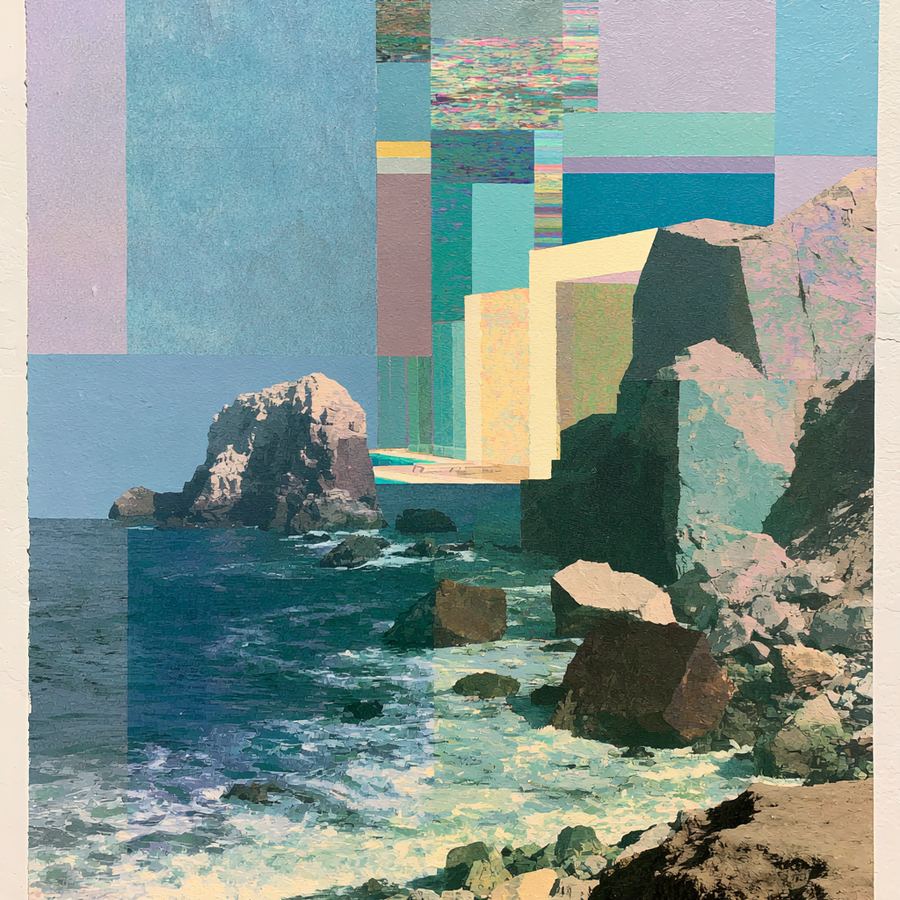 Teal spires standing in white surf