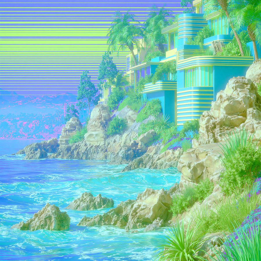 Lush green cove glowing under haze