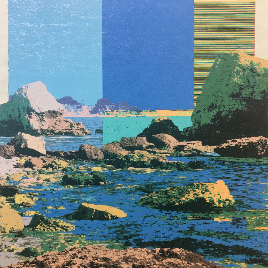 Blue rocks against a bright white sky