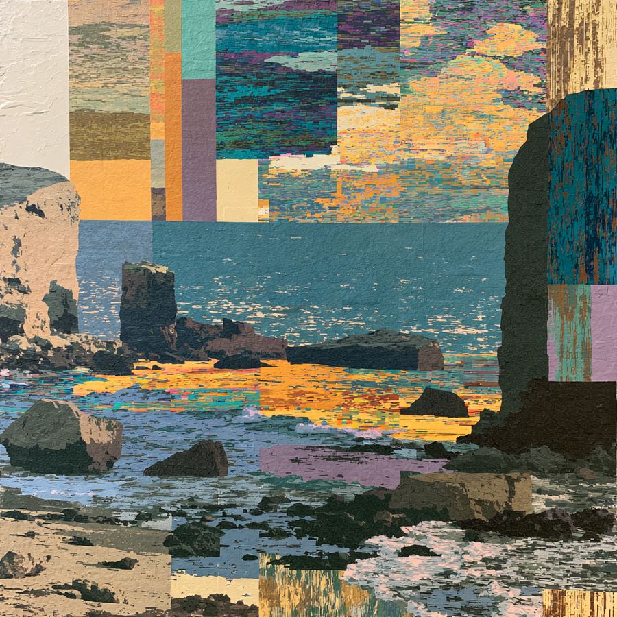 Gold morning static breaking over dark rocks