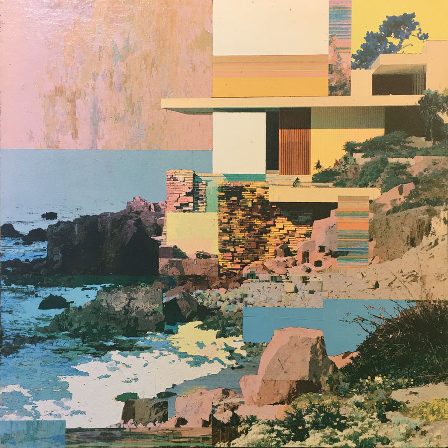 Cream house resting over patchwork surf