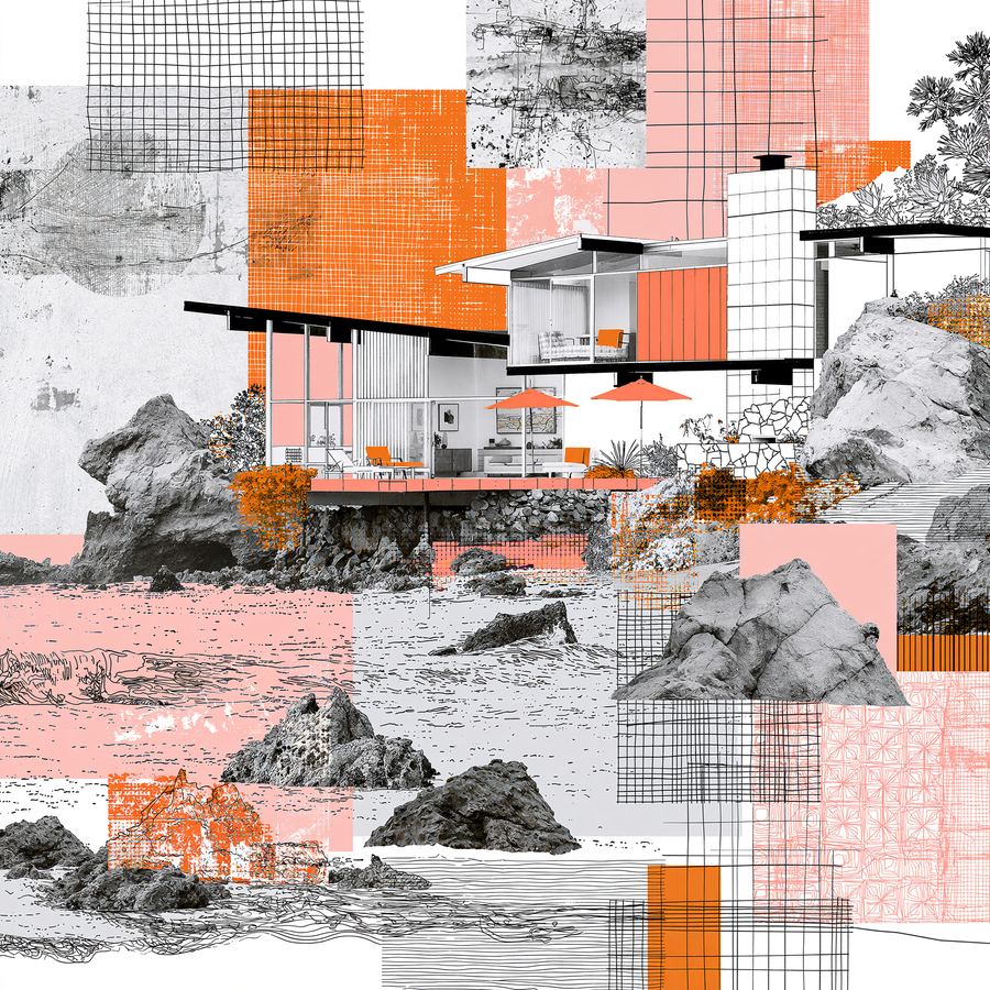 Sketchbook house collaged in graphite and coral