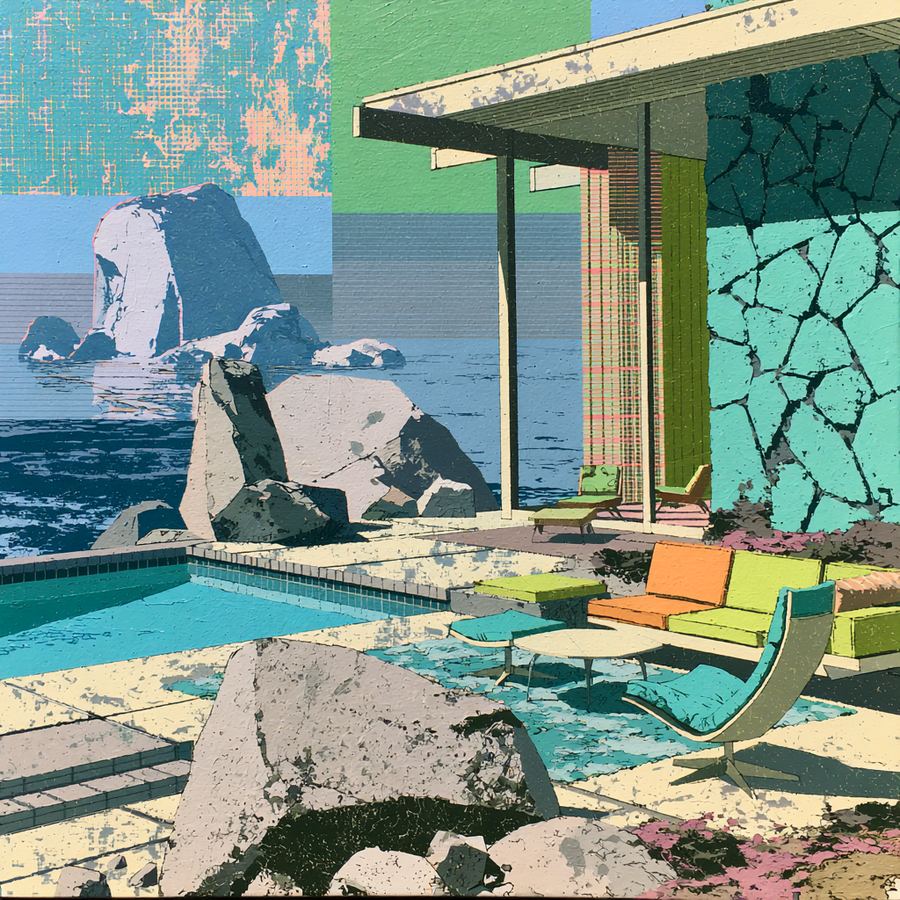 Stone mid-century house with a cold blue pool