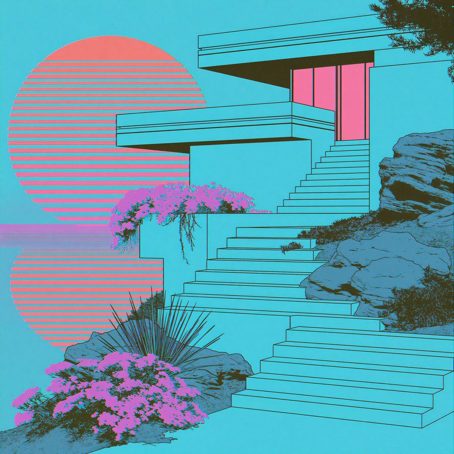 Cyan terrace with pink stairs down to the water