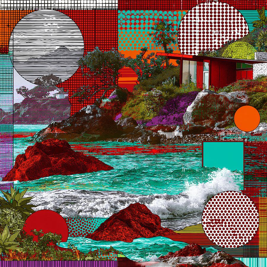 Red garden collage with polka moons over the point