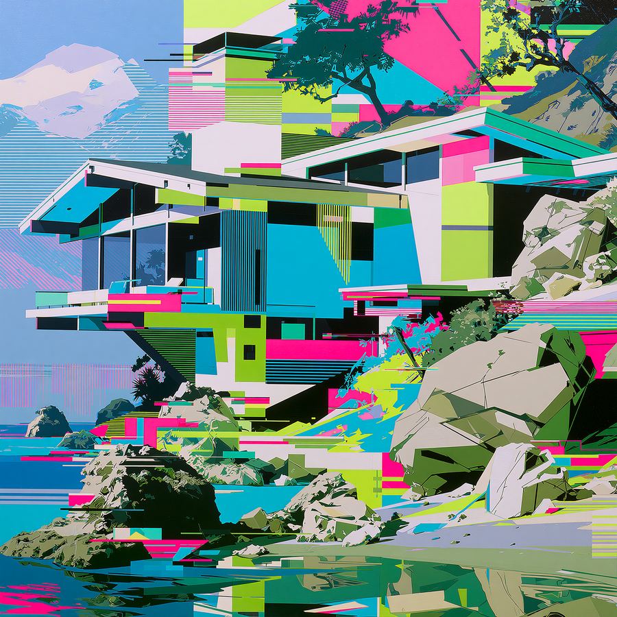 Stilt house shattering into rainbow static