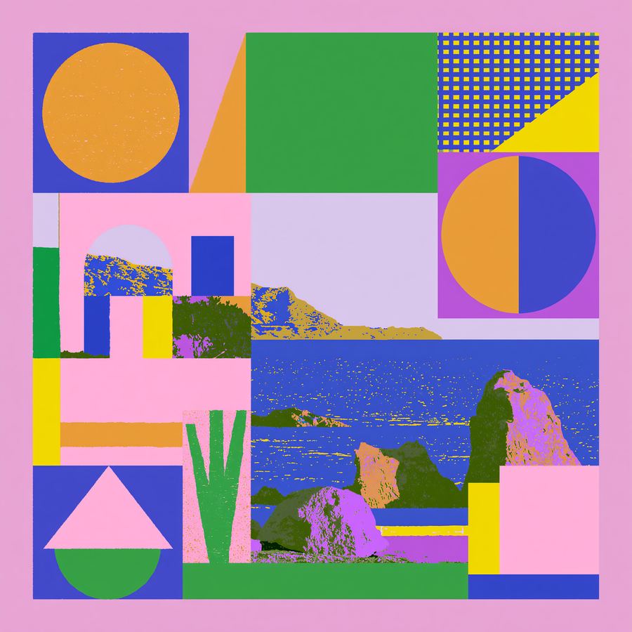 Flat garden of shapes above a paper sea