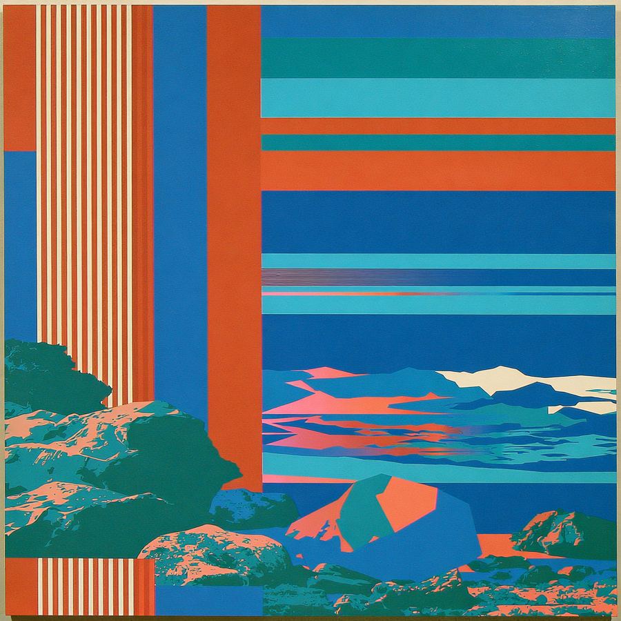 Coral stripes crashing across a blue wave