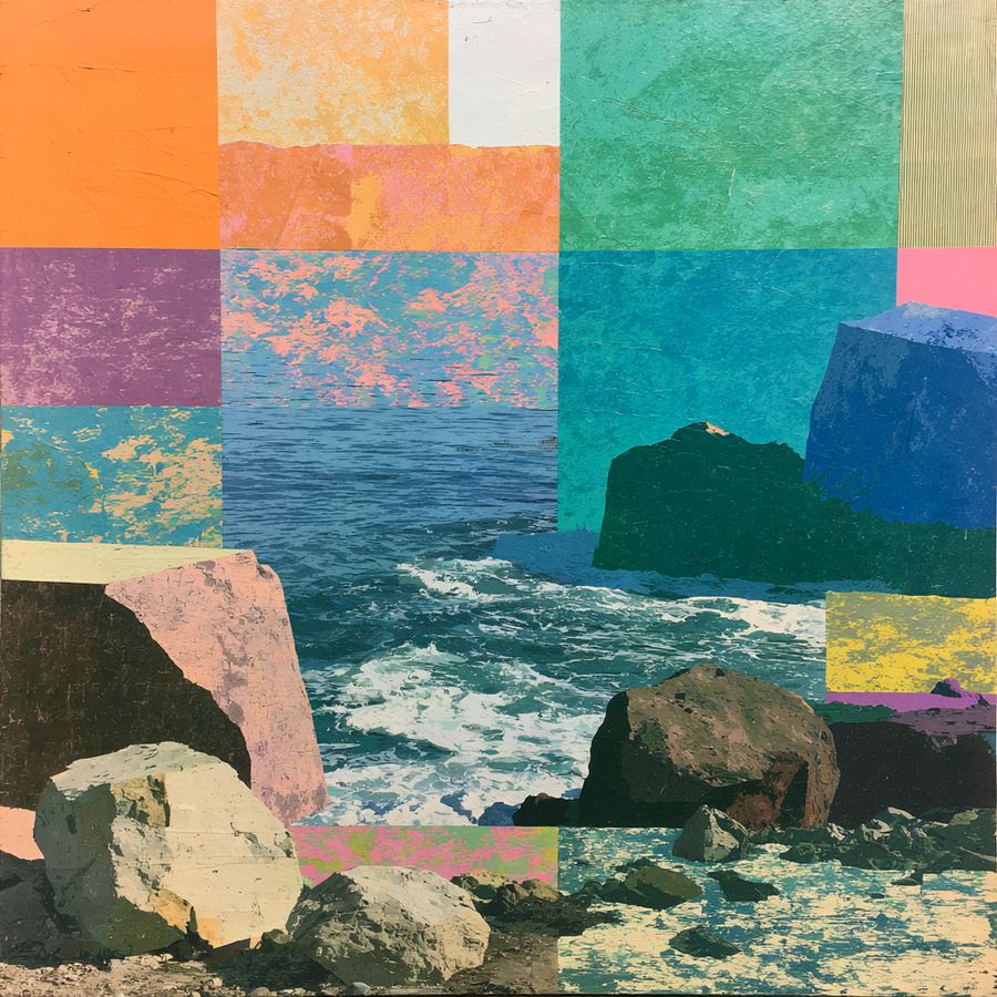 Pink and teal patchwork falling to a soft sea